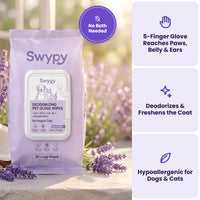 Swypy Deodorizing Pet Glove Wipes — no bath needed, five-finger glove, deodorizes, hypoallergenic for dogs and cats