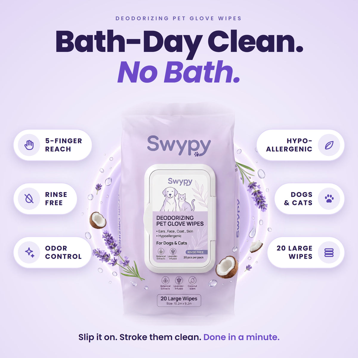 Bath-day clean, no bath: 5-finger reach, rinse free, odor control, hypoallergenic, dogs and cats, 20 large wipes