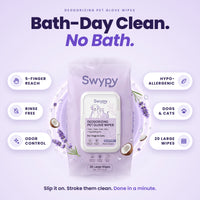 Bath-day clean, no bath: 5-finger reach, rinse free, odor control, hypoallergenic, dogs and cats, 20 large wipes