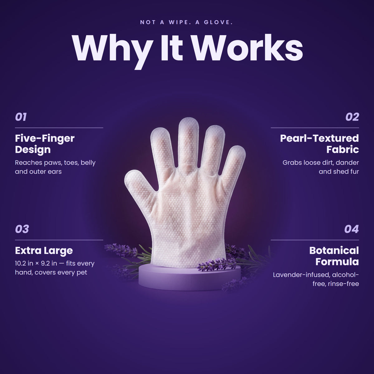 Why it works: five-finger design, pearl-textured fabric, extra large 10.2 x 9.2 in, botanical formula