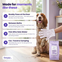 Made for muddy paws, between baths, pets who hate water, and travel