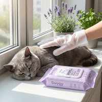 Stroking a cat clean with a Swypy glove wipe