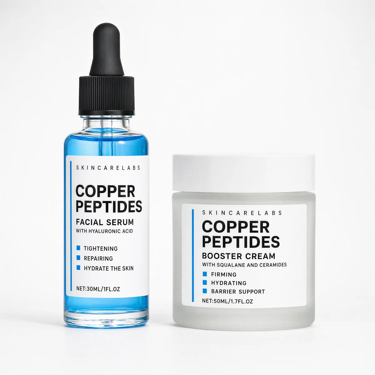 SkincareLabs copper peptide serum dropper bottle beside the copper peptide booster cream jar